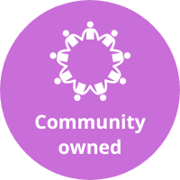 Purple circle with words Community Owned 