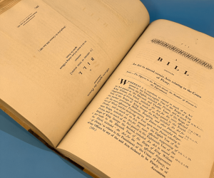 Showing book opened to page titled A Bill intituled An Act to amend certain Acts relating to the Crime of Piracy.